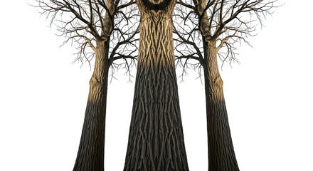 Trio of trees, bare branches, against black