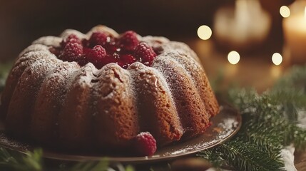 Delicious Raspberry Bundt Cake with Holiday Decoration and Lights
