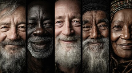 Diverse group of aged individuals showcasing unique features and expressions, celebrating the beauty of aging and cultural richness in the human experience
