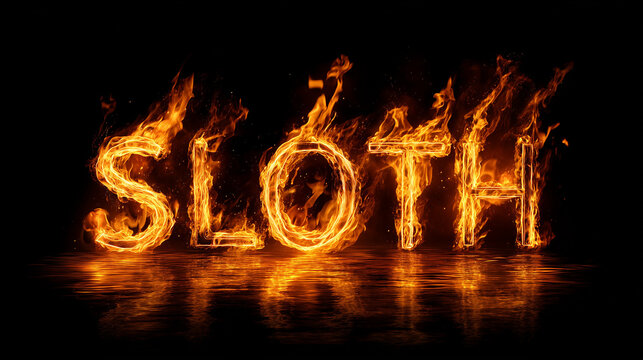 SLOTH in  fire font lettering - burning type treatment word or phrase - 7 deadly sins, or religious sin laziness concept - flame typography; black background; fires of hell, series