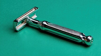 Classic Metal Razor on Green Surface with Intricate Design and Shine for Shaving, Grooming, and Personal Care Enthusiasts and Professionals
