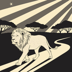 Lion made of sparkling diamonds and gold, walking on a black reflective runway