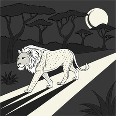 Lion made of sparkling diamonds and gold, walking on a black reflective runway