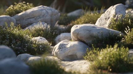 Light filtering through plants and rocks.