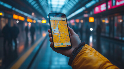 Person uses phone map in subway station