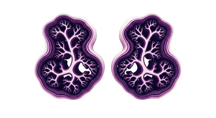 Two stylized purple shapes with tree-like branching patterns on a black background