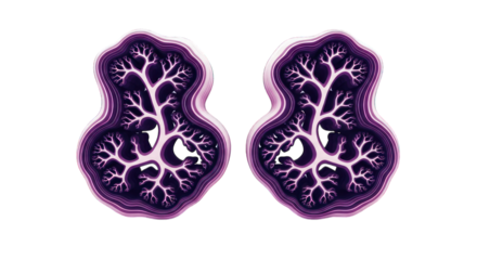 Two stylized purple shapes with tree-like branching patterns on a black background