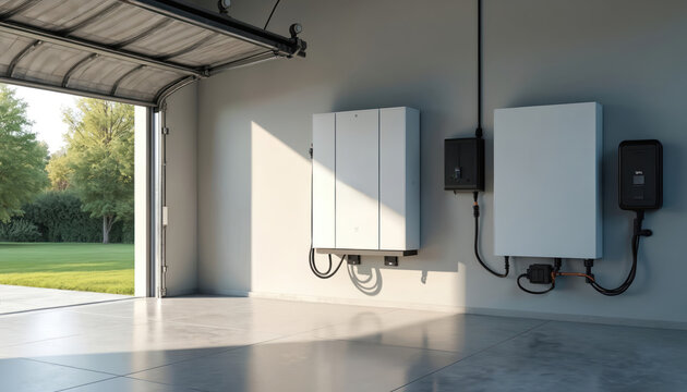 Modern garage interior with wall-mounted home battery packs for alternative energy storage. Sleek design offers backup power solution. Clean energy technology for efficient home improvement.