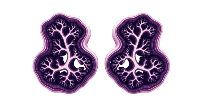 Two stylized purple shapes with tree-like branching patterns on a black background