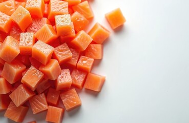 Top view of fresh pink salmon pieces, precisely diced into cubes. Raw fish isolated on clean white background with shallow depth of field, offering ample copy space for food design, culinary