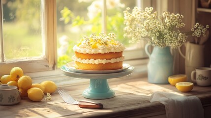 Fresh Lemon Cake Displayed on a Rustic Table Near a Sunlit Window