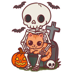 Cute Cartoon Cat with Skeleton, Halloween Spooky Scene