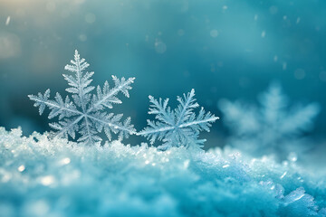 Close up of intricate ice crystal snowflakes resting on sparkling snow with soft blue background
