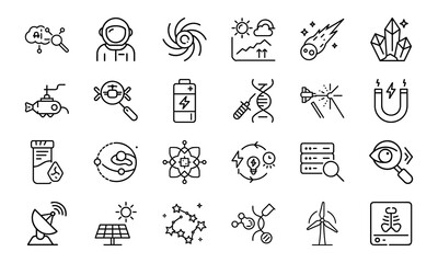 24 Science and Technology Line Icons Artificial Intelligence, Space, Astronomy, Renewable Energy, Laboratory, Drone, Solar, Magnet, Research, and Innovation Vector Icon Set