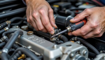in the heart of an engine bay, a hand delicately holds a small screwdriver, poised to tighten a screw amidst the tangle of mechanical parts