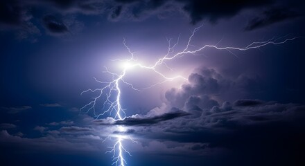 A dramatic display of lightning illuminates the night sky during a powerful thunderstorm, showcasing the raw energy and force of nature