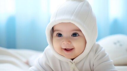 A baby wearing a white hat, lying on a bed with blue curtains in the background.