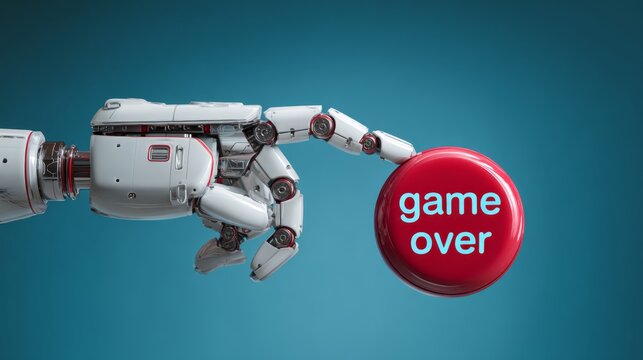Futuristic robotic hand pressing red game over button on blue background.
