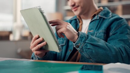 Hands, person and tablet with boxes of startup for supply chain, shipping and logistics report. Man, scroll and digital for ecommerce order, online inventory and delivery checklist for distribution - Powered by Adobe