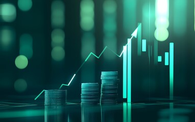 3D illustration of a growth graph with arrows and coins on a dark green background