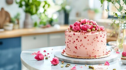 Elegant Floral Cake with Pink Roses and Festive Decoration