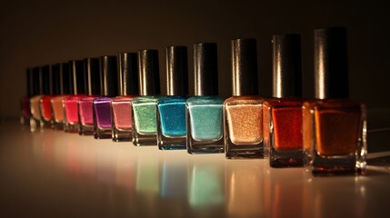 Colorful nail polish bottles arranged in a row.