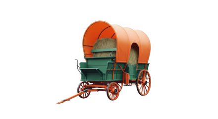 Vintage wagon with orange canopy and green body on white background  