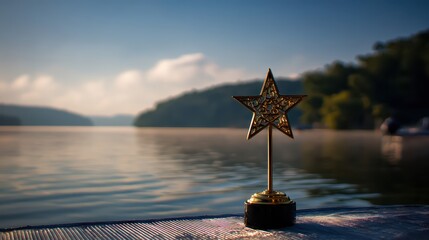 Obraz premium Golden Star Trophy on a Peaceful Lake with Misty Background