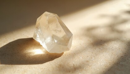 Clear quartz crystal rests on light beige surface. Sunlight illuminates crystal, casting shadows. Minimalist composition with natural texture, serene energy. Crystal point shows subtle imperfections,