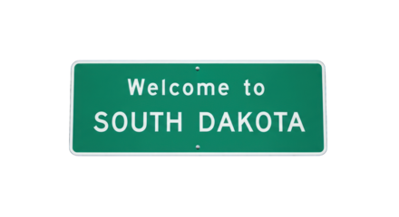 Welcome to South Dakota" sign. Green rectangular road sign with white text