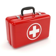 Obraz premium Red metal first aid kit with white cross symbol