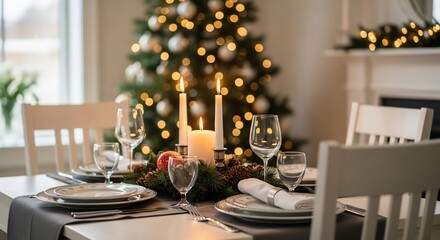 Cozy Christmas Dinner Table with Lit Candles and Festive Tree Lights Bokeh