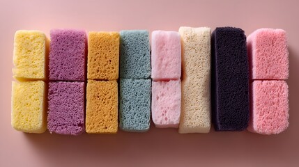 Colorful rectangular sponges arranged in a horizontal row.