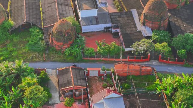 Aerial view of Mang Thit brick kiln in Vinh Long. Burnt clay bricks used in traditional construction of Vietnamese, Mekong Delta, Vinh Long province, Vietnam