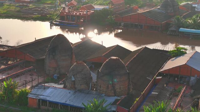 Aerial view of Mang Thit brick kiln in Vinh Long. Burnt clay bricks used in traditional construction of Vietnamese, Mekong Delta, Vinh Long province, Vietnam