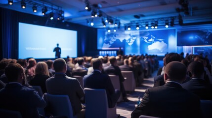 A conference room with a large screen displaying a presentation, with a speaker standing at the front, surrounded by a crowd of attendees.