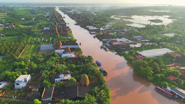 Aerial view of Mang Thit brick kiln in Vinh Long. Burnt clay bricks used in traditional construction of Vietnamese, Mekong Delta, Vinh Long province, Vietnam