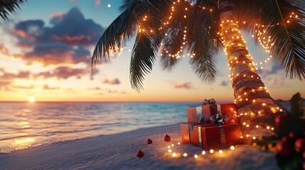 Christmas gifts by palm tree decorated with lights on a tropical beach at sunset scene view