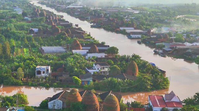 Aerial view of Mang Thit brick kiln in Vinh Long. Burnt clay bricks used in traditional construction of Vietnamese, Mekong Delta, Vinh Long province, Vietnam