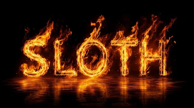 SLOTH in animated fire letters - burning type treatment word or phrase - seven deadly sins, or religious sin laziness concept - flame typograph; black background; fires of hell, series