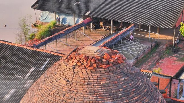 Aerial view of Mang Thit brick kiln in Vinh Long. Burnt clay bricks used in traditional construction of Vietnamese, Mekong Delta, Vinh Long province, Vietnam