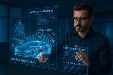 A man with glasses is interacting with a futuristic holographic interface, showcasing a car design and virtual reality technology for automotive development