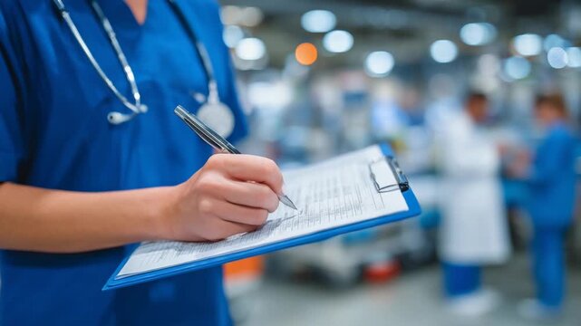 A nurse in blue scrubs takes notes on a clipboard in a bustling hospital ward.