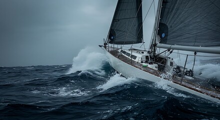 A sailboat navigates rough, choppy ocean waters under a stormy, overcast sky, waves crashing against the hull.