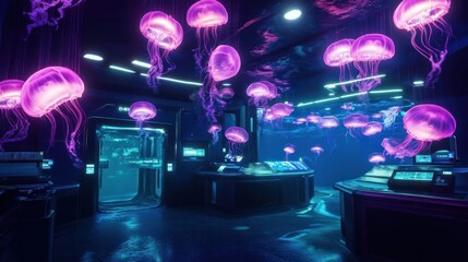 Surreal Bioluminescent Jellyfish in an Underwater Research Facility Environment
