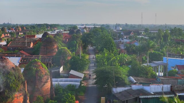 Aerial view of Mang Thit brick kiln in Vinh Long. Burnt clay bricks used in traditional construction of Vietnamese, Mekong Delta, Vinh Long province, Vietnam