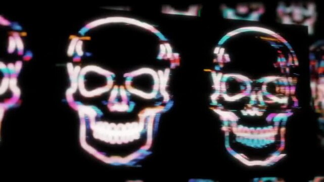 Digital skulls with glitch effects create a dark and edgy abstract background