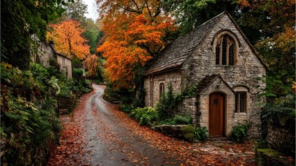 Obraz premium Autumnal village lane with stone cottage