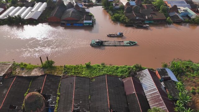 Aerial view of Mang Thit brick kiln in Vinh Long. Burnt clay bricks used in traditional construction of Vietnamese, Mekong Delta, Vinh Long province, Vietnam