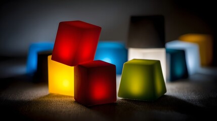 Colorful illuminated cubes arranged in a close-up display.